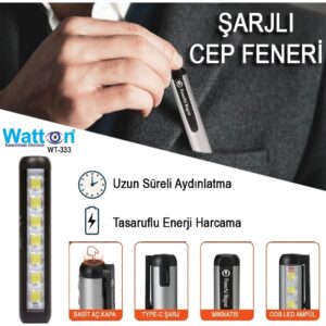 TYPE-C GİRİŞLİ MIKNATISLI ŞARJLI CEP FENERİ WATTON WT-333